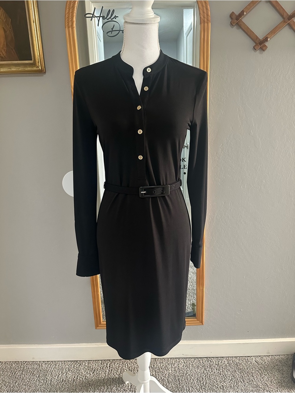 Calvin Klein Classic Black Long-Sleeve Belted Dress with gold buttons